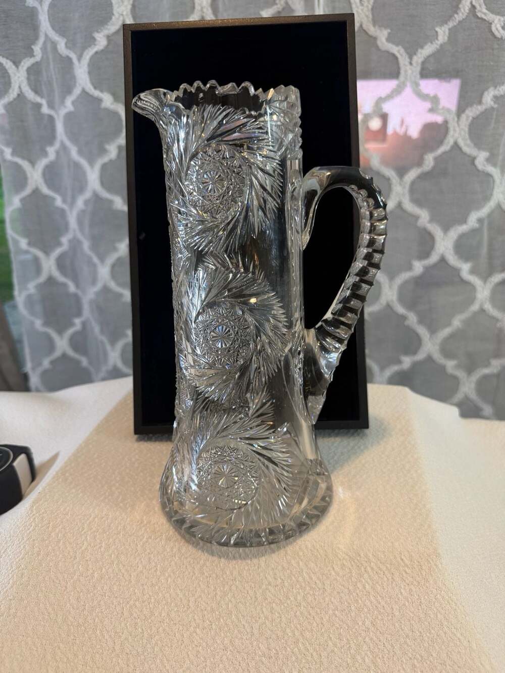 AMAZING Antique Hand Cut Lead Crystal‎ Pitcher, Hobstar & Fan Pattern, 1800s